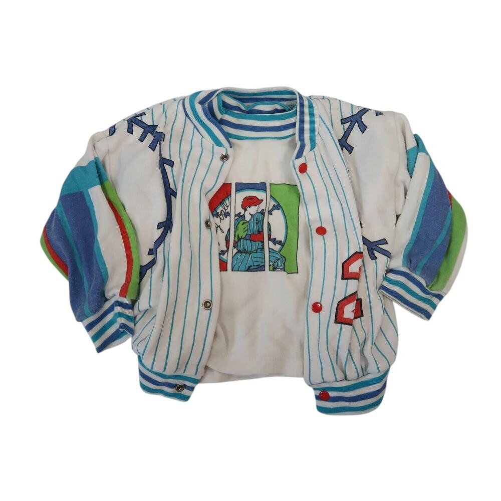 Vintage 80s Small Stars White and Blue Baseball Theme Top Cardigan Set 18 Mon